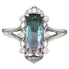 Unique Bi-Color Blue & Pink Tourmaline Ring in Solid 14K White Gold w Diamonds