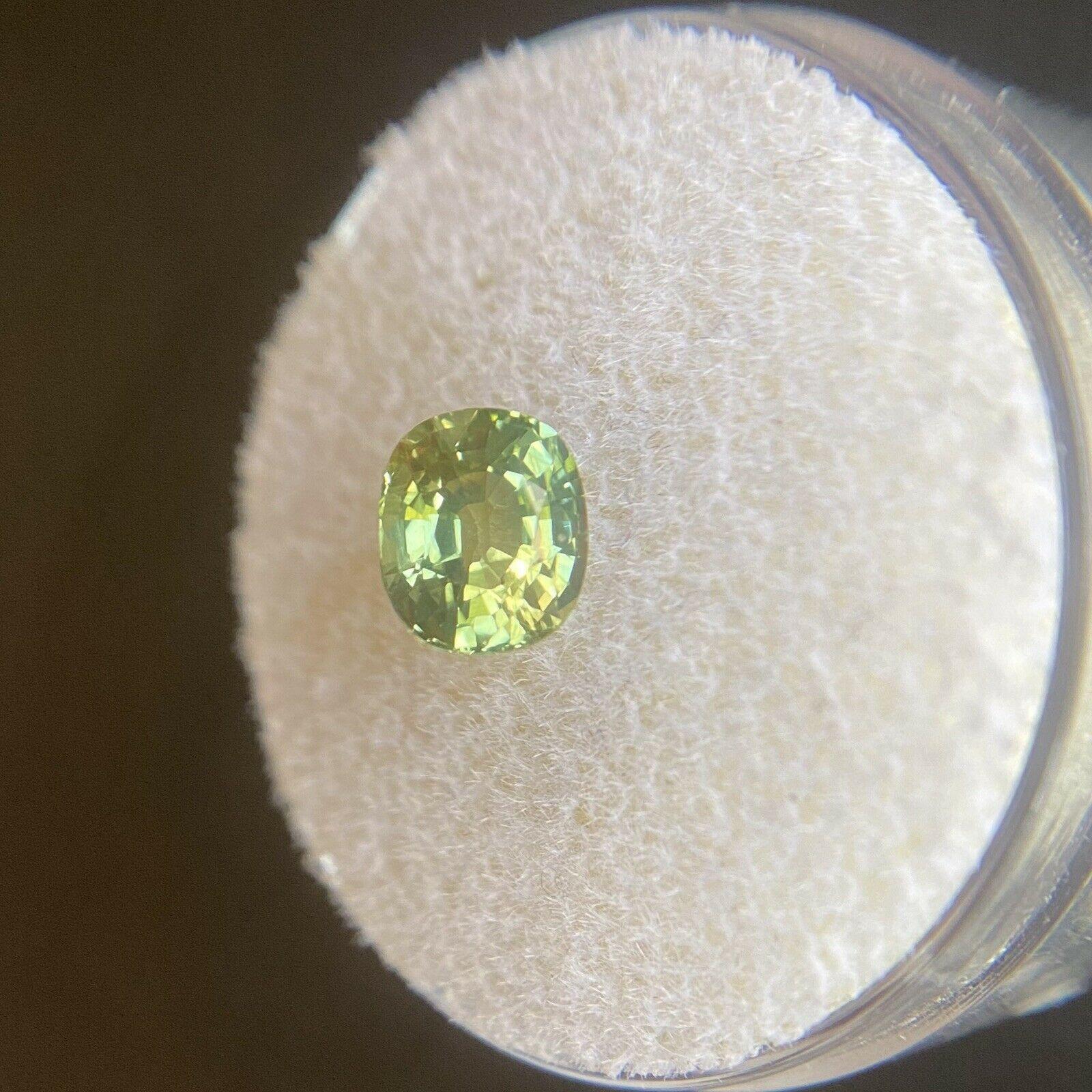 Bi Colour Green-Yellow Natural Sapphire Gem.

1.35 carat stone with a beautiful and unique yellow-green colour. Very rare for natural sapphires.

Has an excellent cushion cut and ideal polish to show great shine and colour, would look lovely in