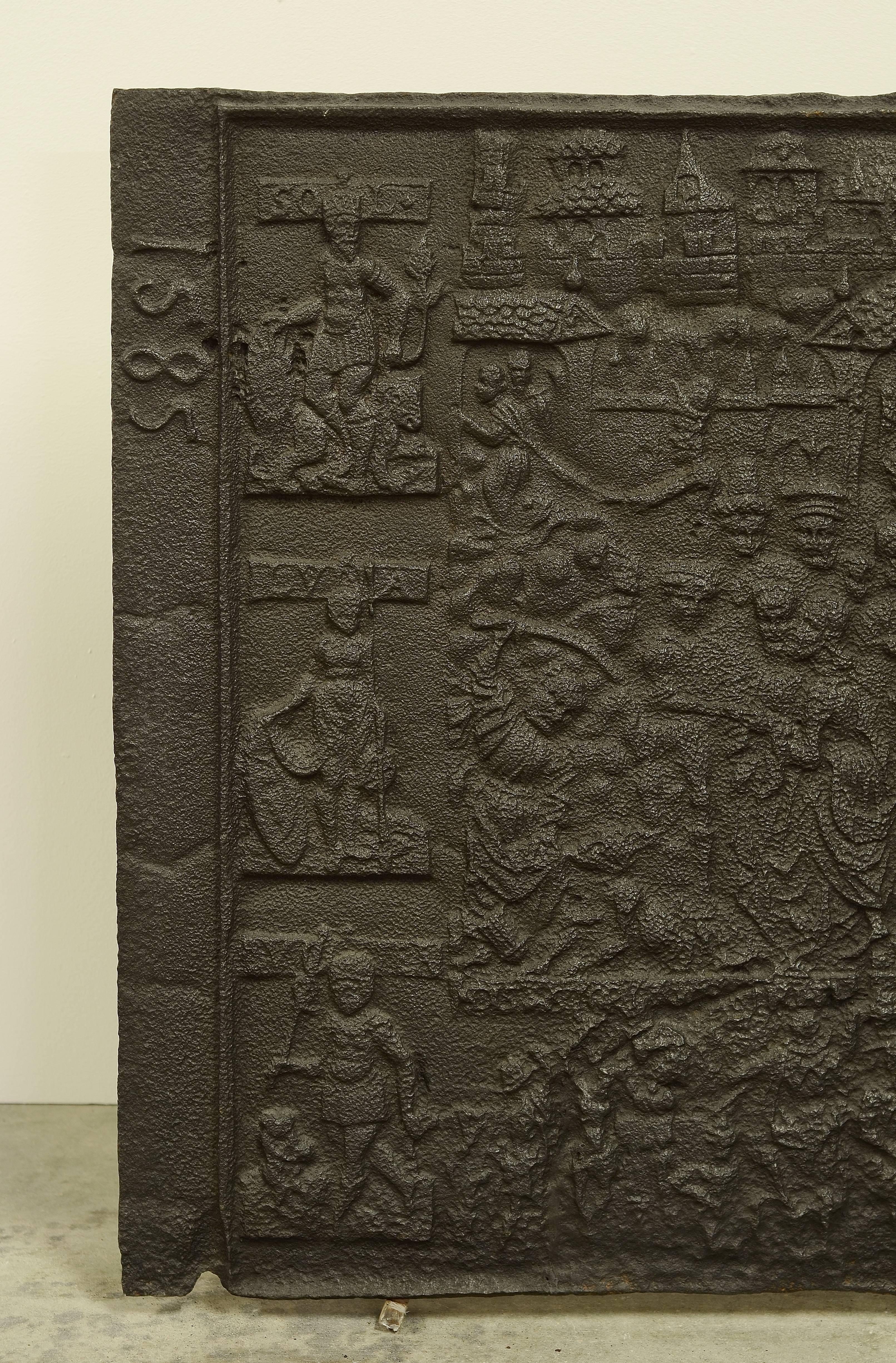 Gothic Unique Biblical Cast Iron Antique Fireback, Dated 1585