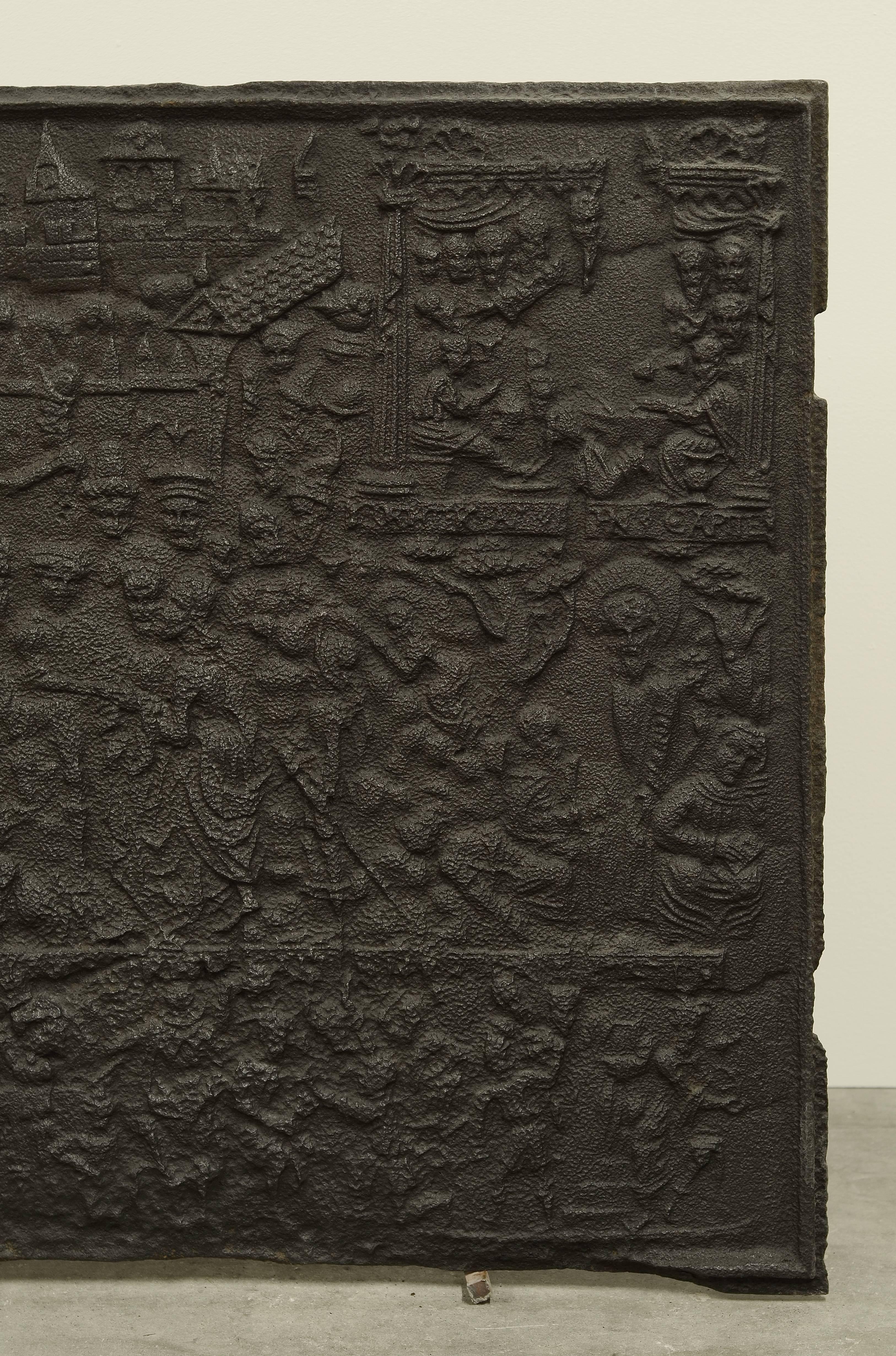 European Unique Biblical Cast Iron Antique Fireback, Dated 1585