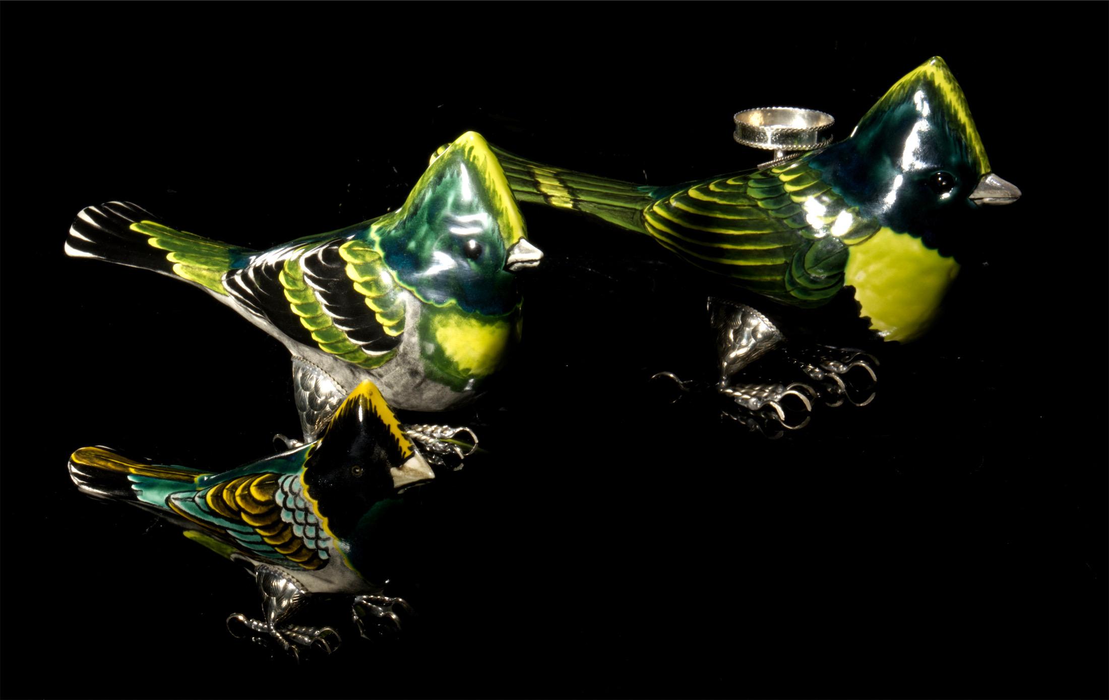 Glazed Unique Bird Set, Ceramic and White Metal by Estudio Guerrero