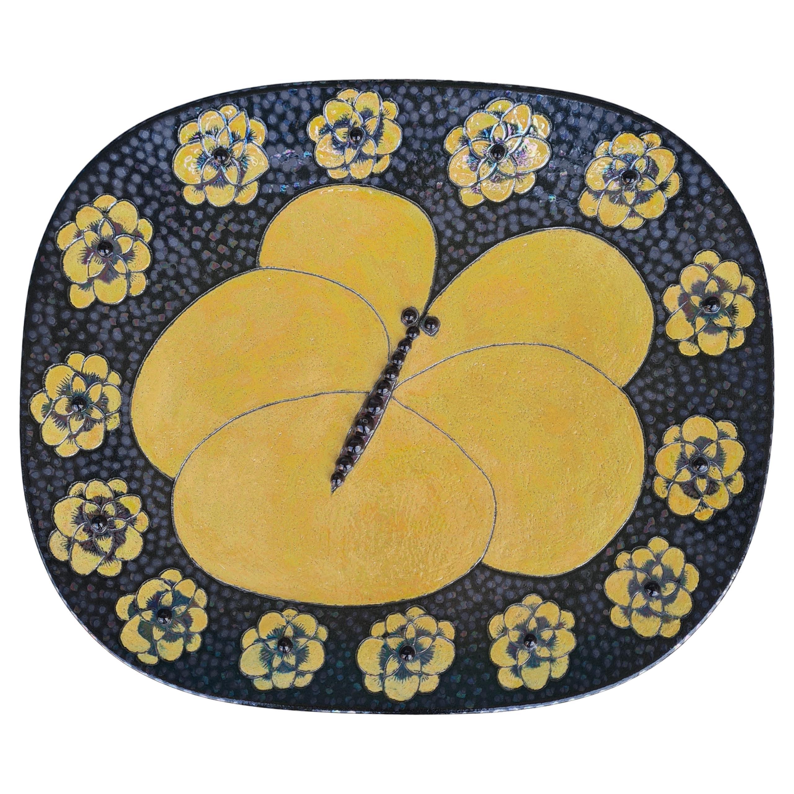 Unique Birger Kaipiainen Decorative Dish, Yellow Butterfly & Blooms, Arabia 1980