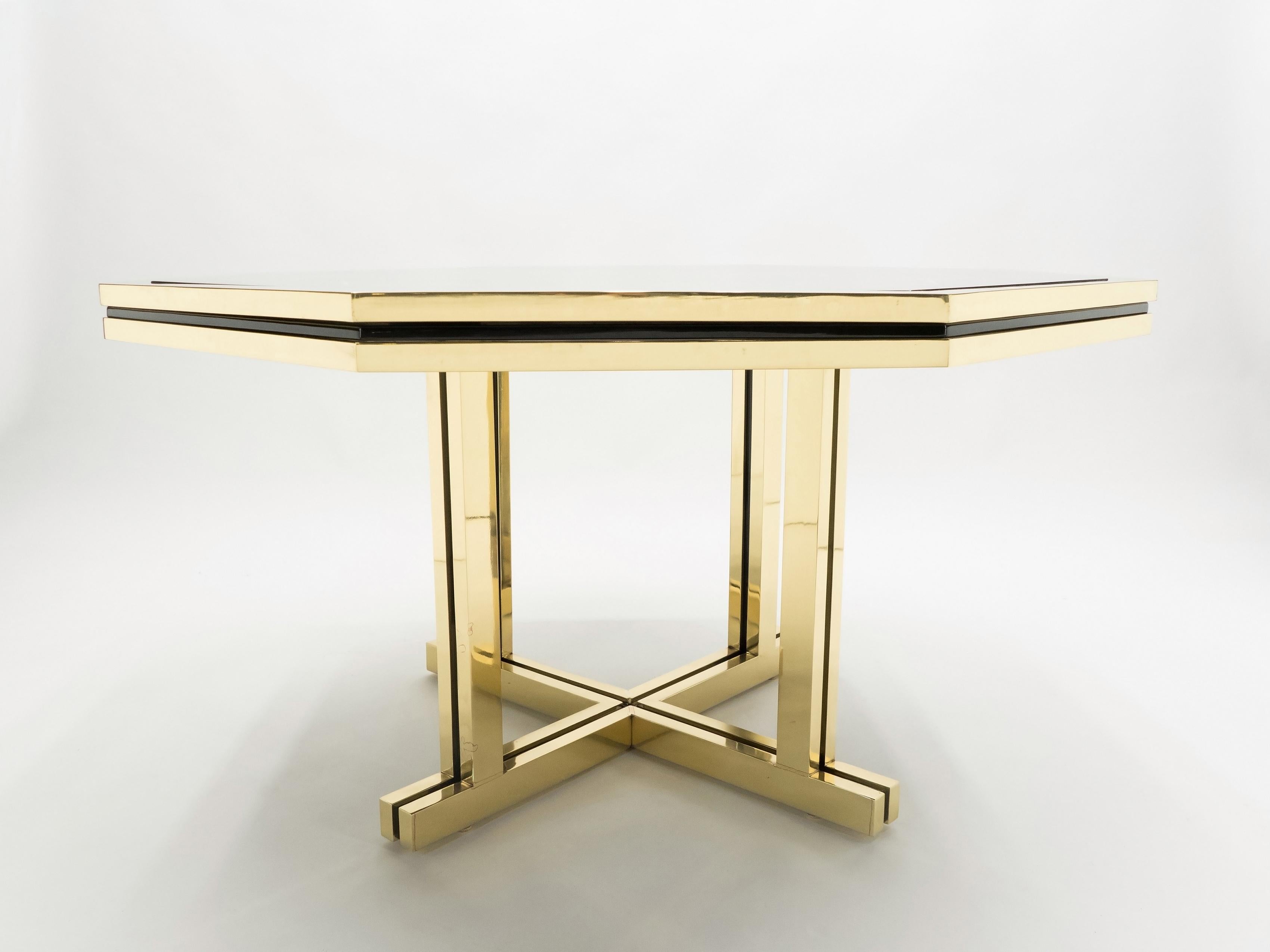 French Unique Black Lacquer and Brass Maison Jansen Dining Table, 1970s For Sale