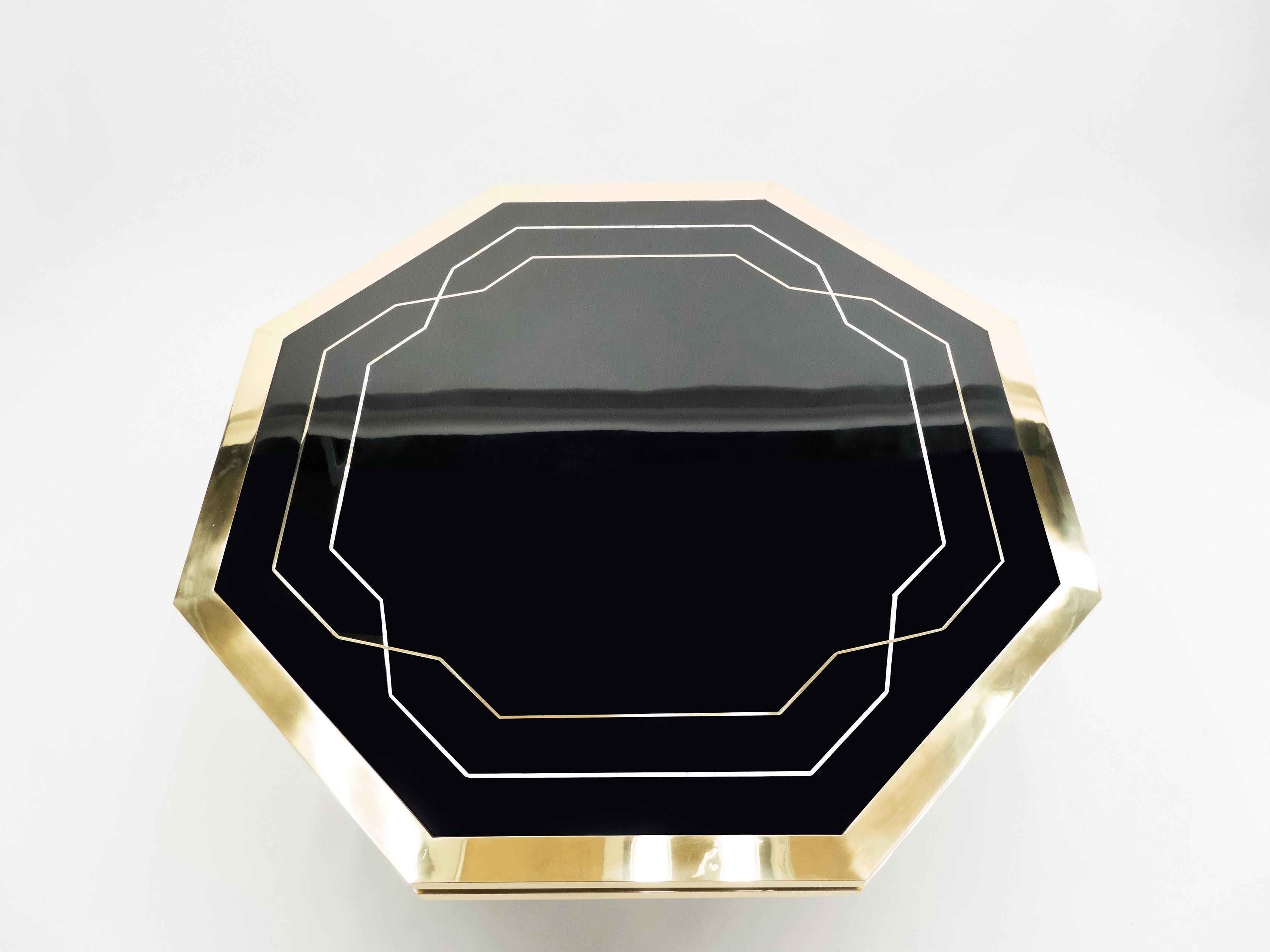 Late 20th Century Unique Black Lacquer and Brass Maison Jansen Dining Table, 1970s For Sale