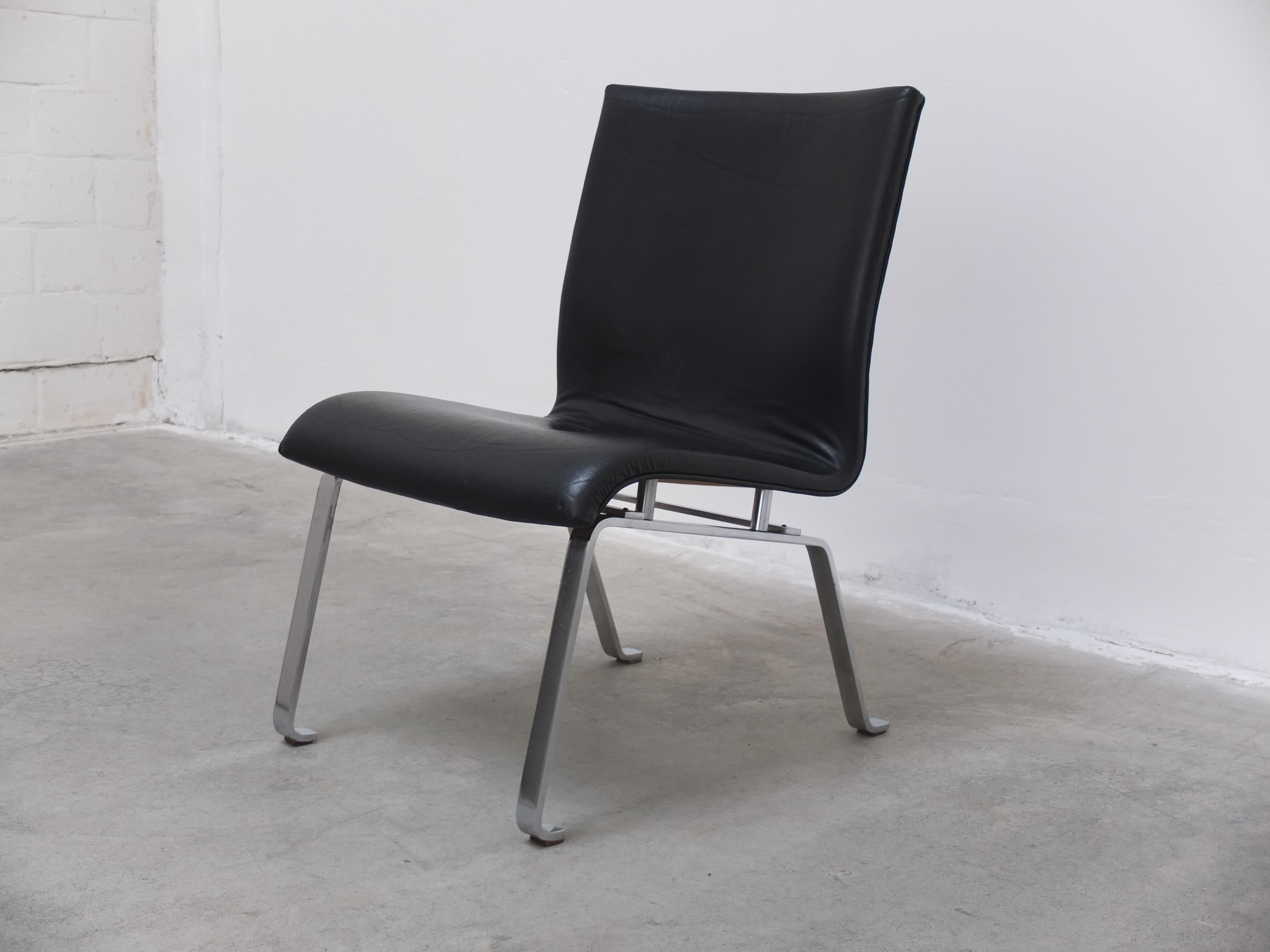 Unique Black Leather & Steel Modernist Lounge Chair, 1960s For Sale 4