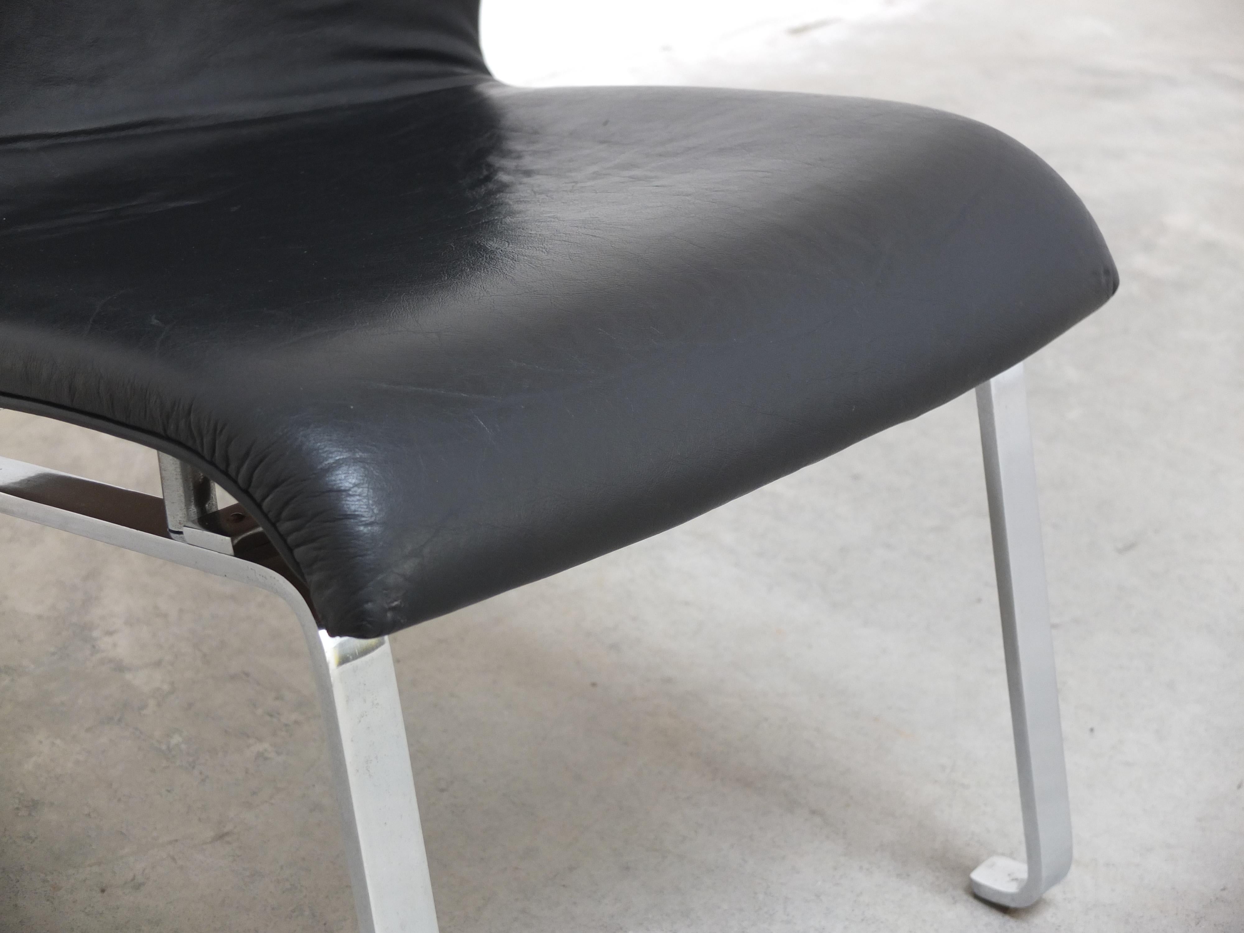 Unique Black Leather & Steel Modernist Lounge Chair, 1960s For Sale 6