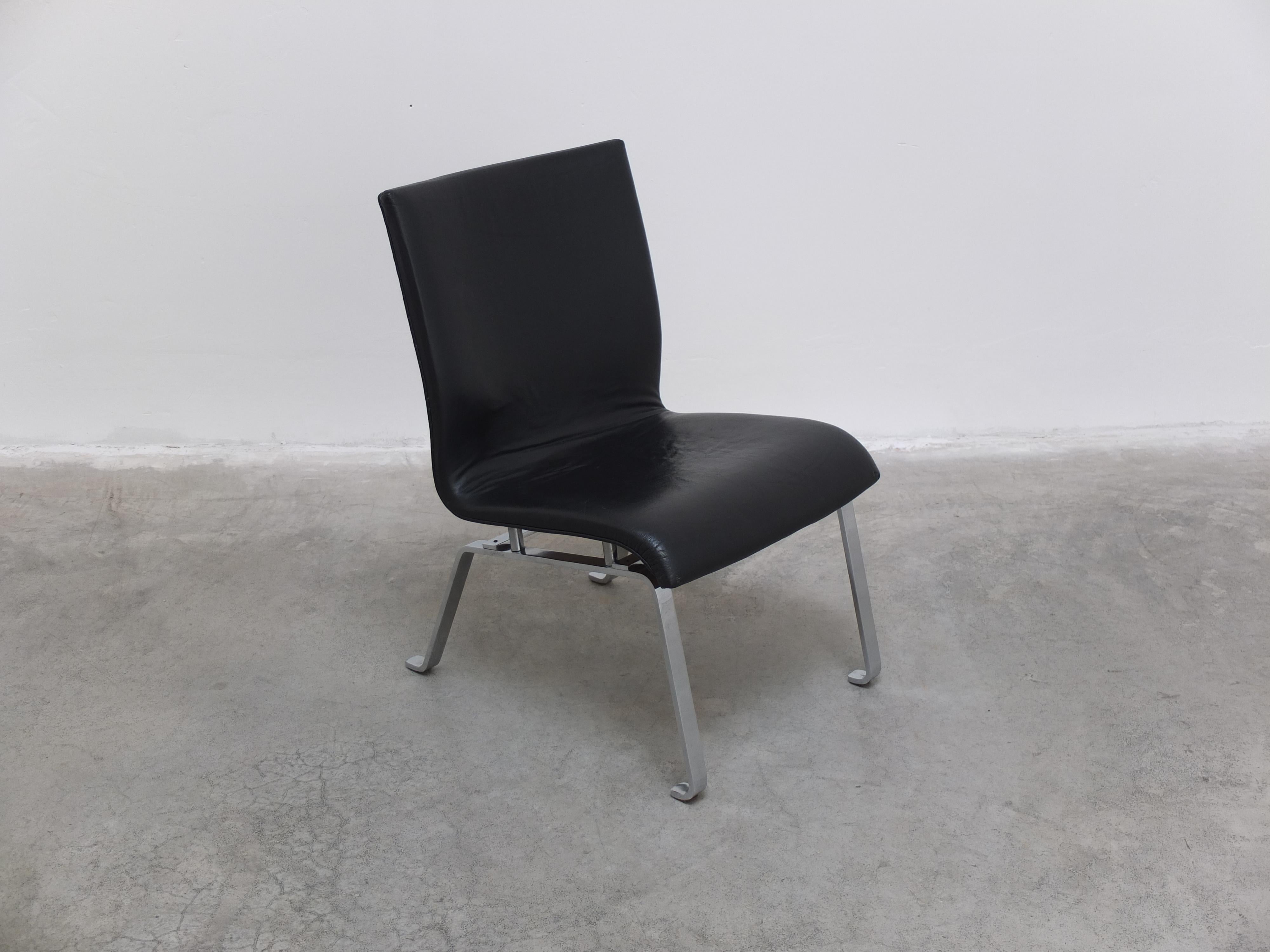 Scandinavian Modern Unique Black Leather & Steel Modernist Lounge Chair, 1960s For Sale