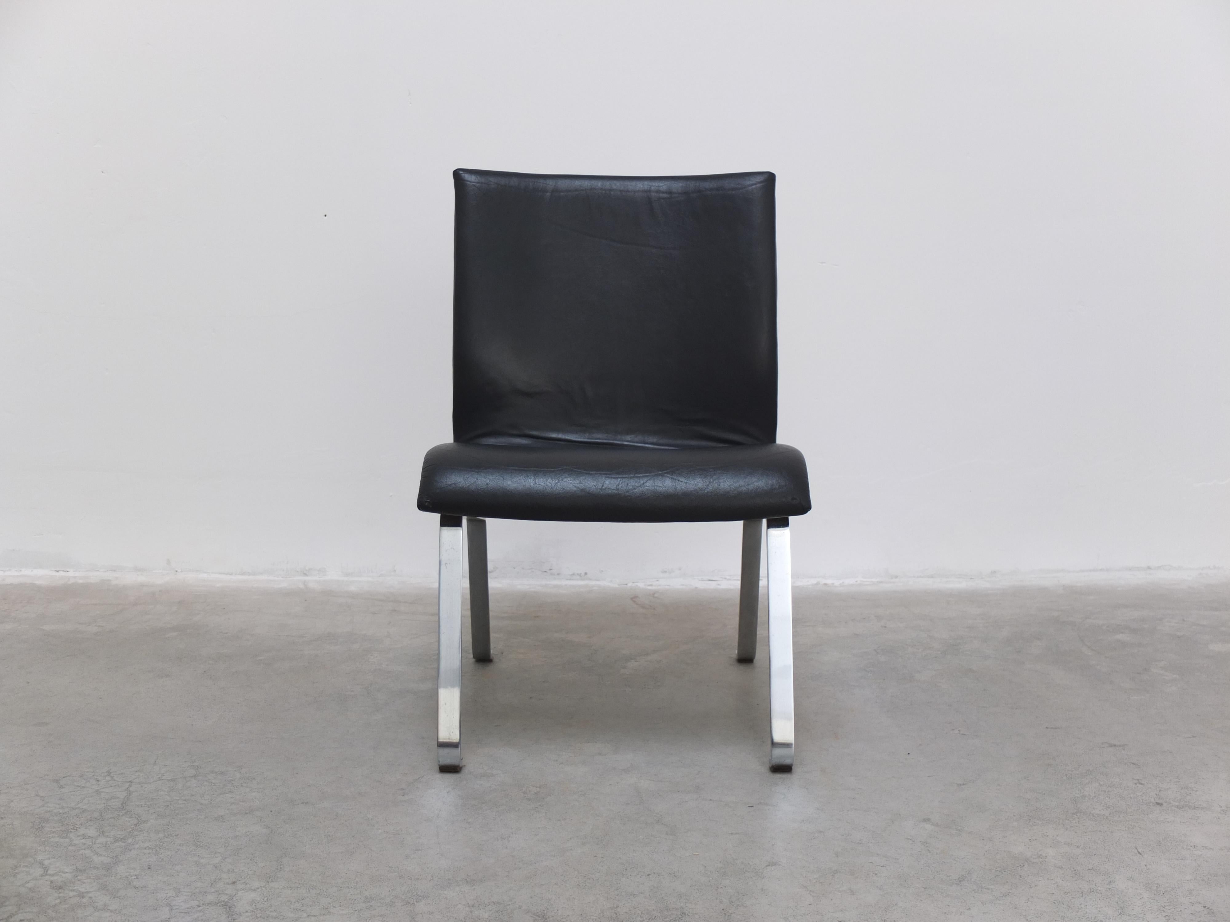 Unique Black Leather & Steel Modernist Lounge Chair, 1960s For Sale 2