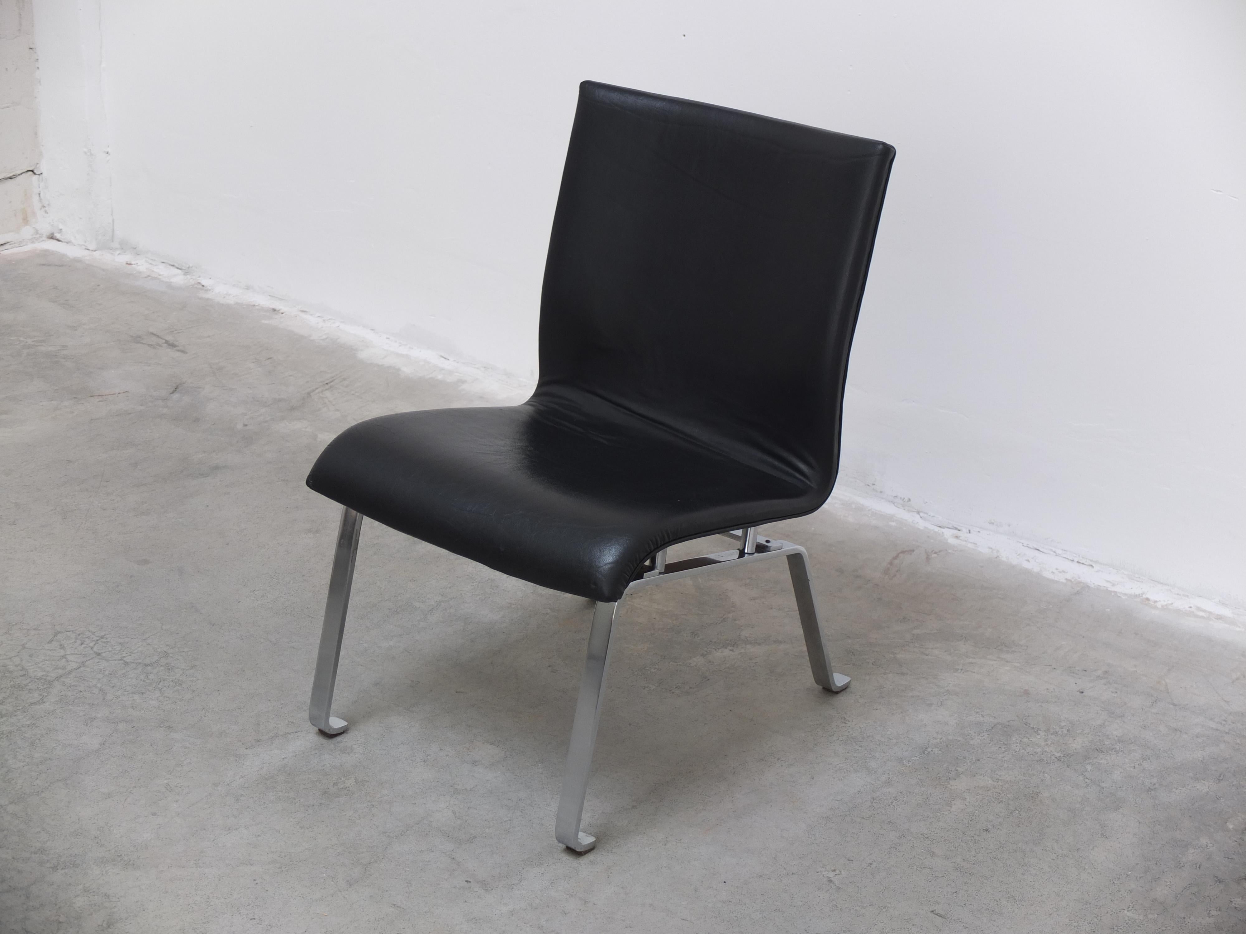 Unique Black Leather & Steel Modernist Lounge Chair, 1960s For Sale 3