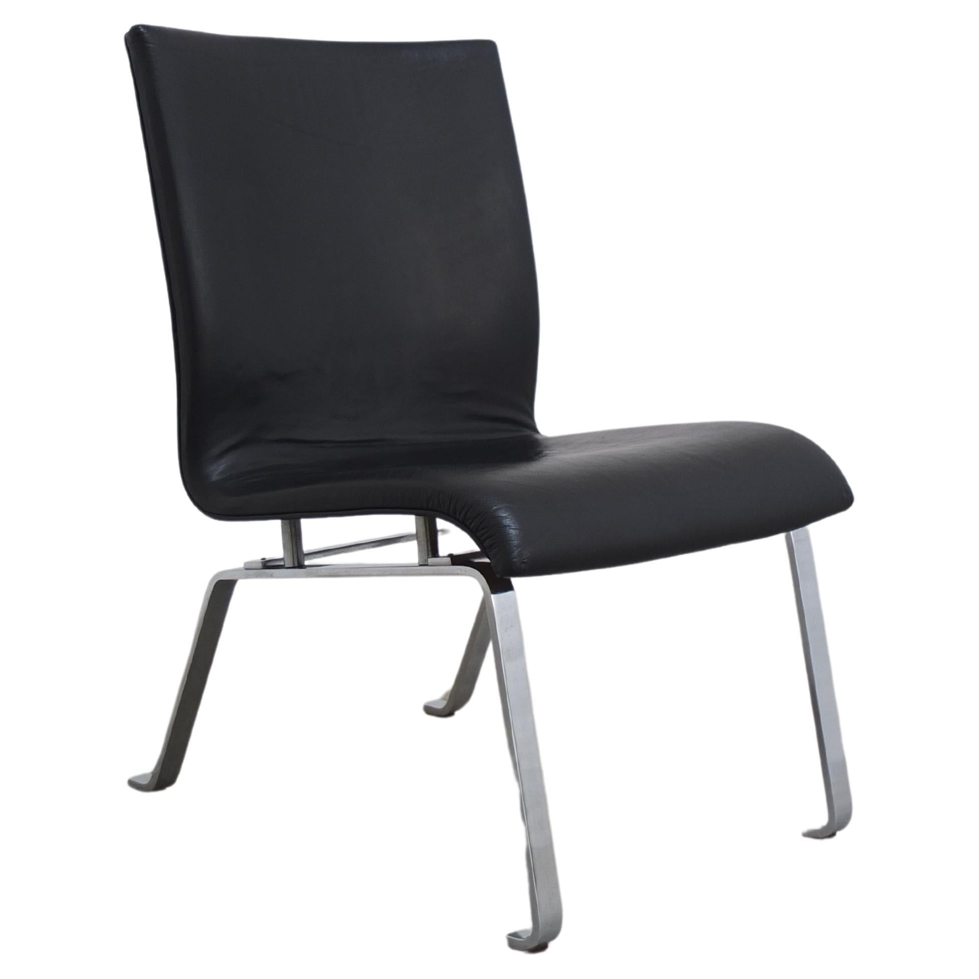 Unique Black Leather & Steel Modernist Lounge Chair, 1960s