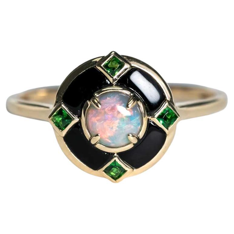 Einzigartiger schwarzer Opal schwarzer Achat Verlobungsring 14K Gelbgold