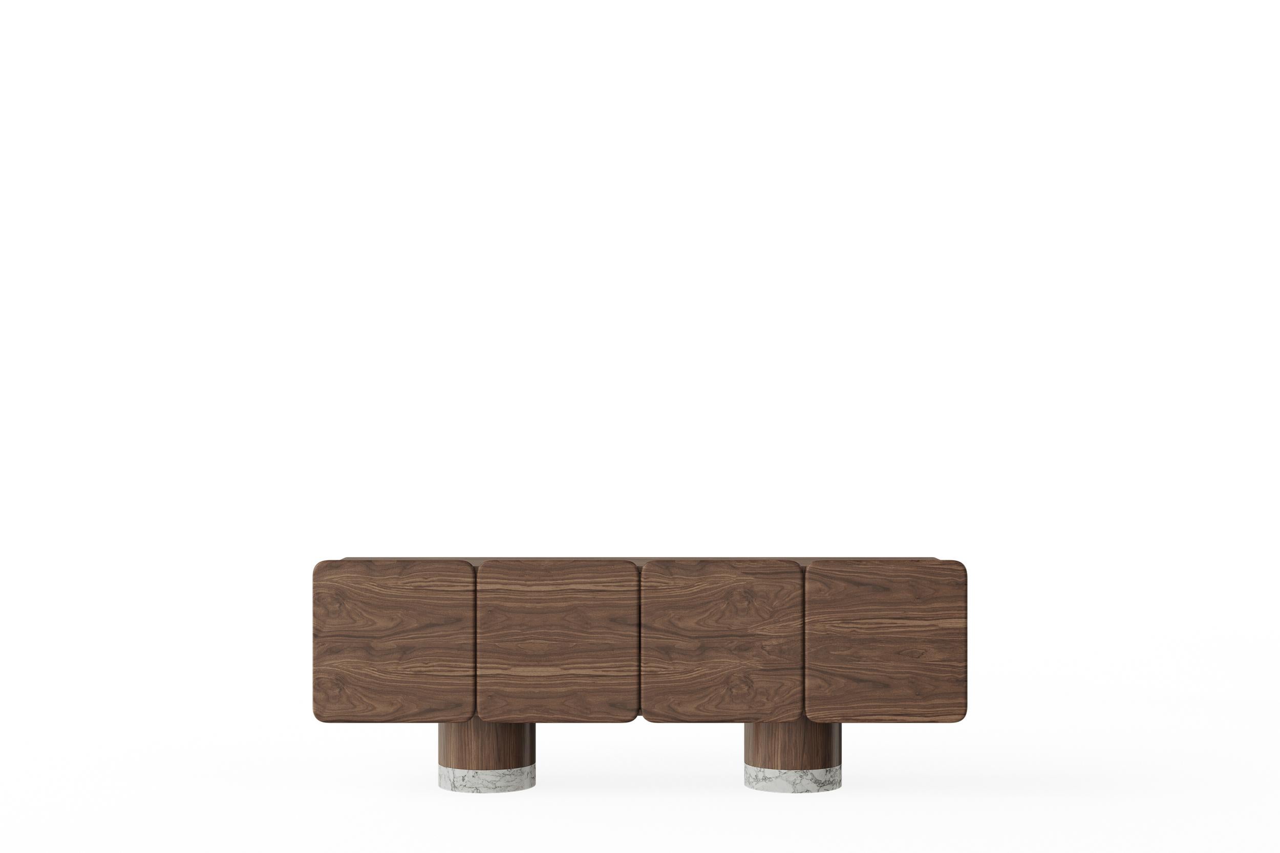 Venus Wood, Black Walnut Sideboard by Ultramobili
Dimensions:  W 225 x D 53 x H 83 cm
Materials: Black Walnut, Marble feet. 

4 sculptural doors sideboard in Black Walnut / Noce Canaletto particular wide veneer and massive. Soft-closing hinges.