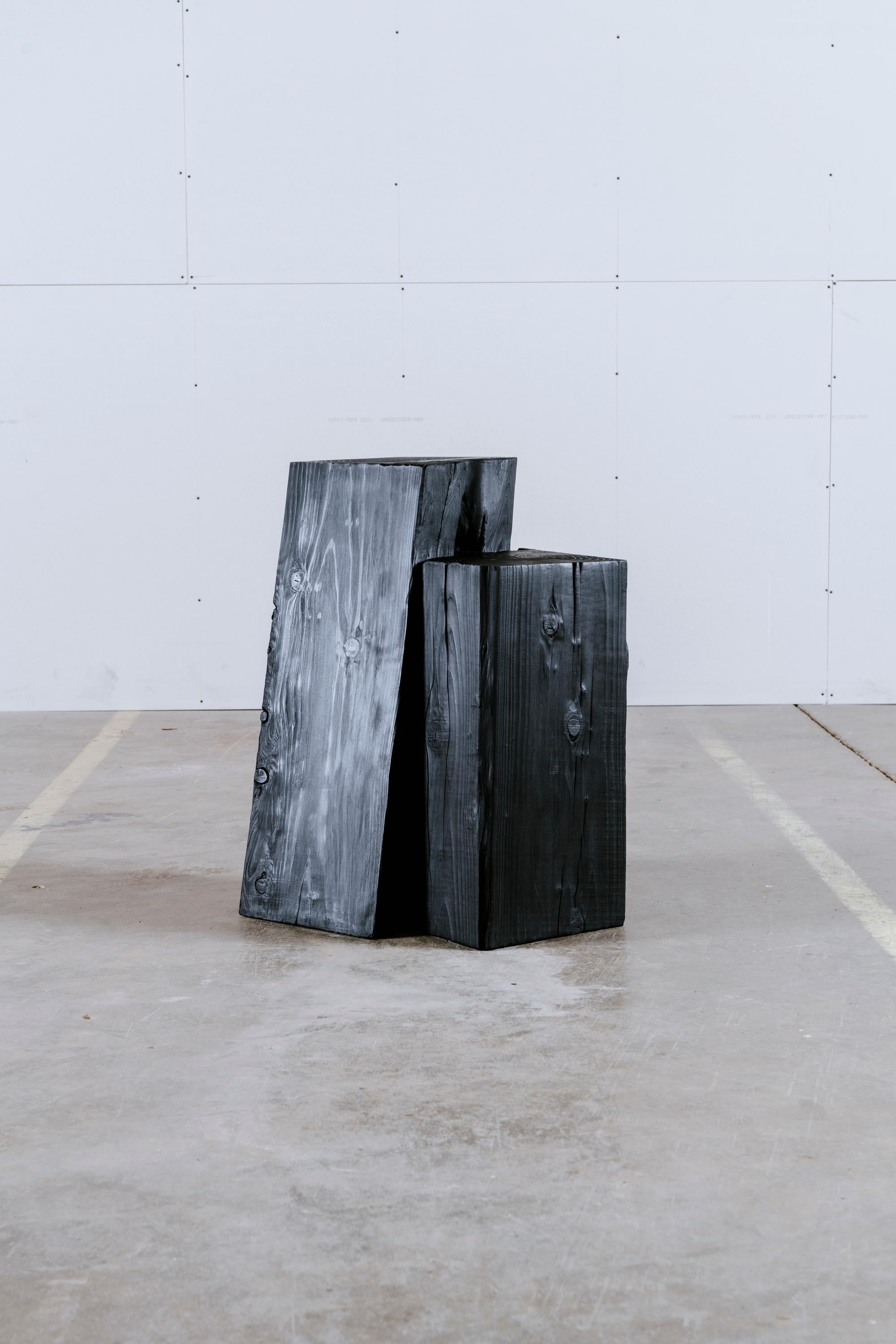 Minimalist Unique Blackened Redwood Pedestal Table by Base 10