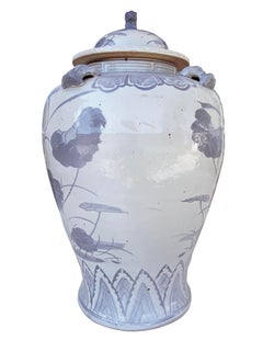 Unique cornflower blue and gray pottery baluster jar