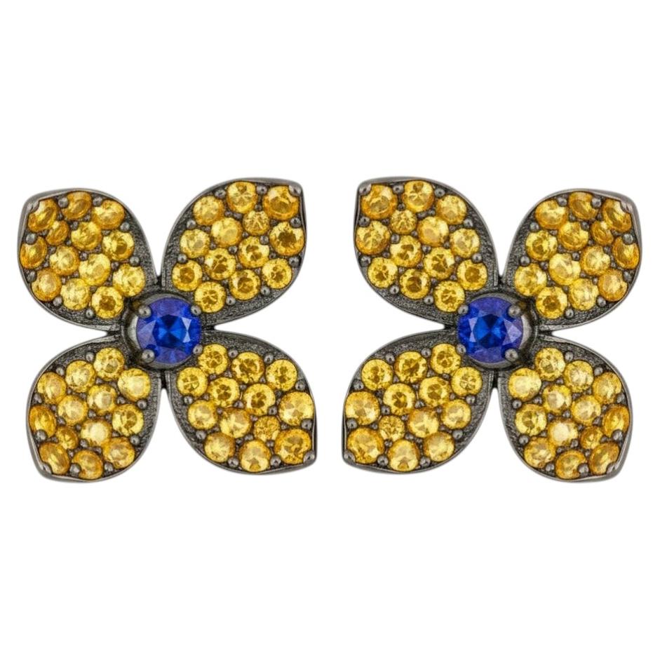 Unique blue and yellow gems flower earrings studs silver, black rhodium For Sale