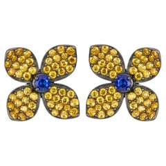 Einzigartige blaue und gelbe Edelsteine Blumenohrstecker Silber, schwarz rhodiniert
