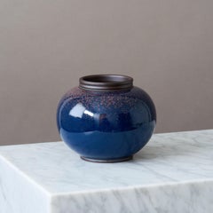 Singular Jarrón Globo de Gres Azul Art Decó de Gunnar Nylund para ALP, Suecia Años 30