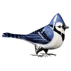 Unique Blue Bird by Estudio Guerrero Made with Glazed Ceramic and White Metal