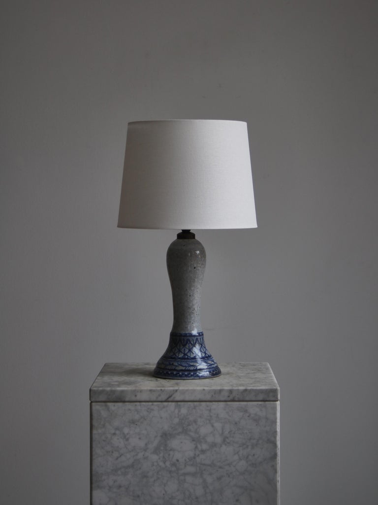 Unique stoneware table lamp with abstract blue floral motifs handmade and decorated by Gertrud Kudielka (1896-1984) at 