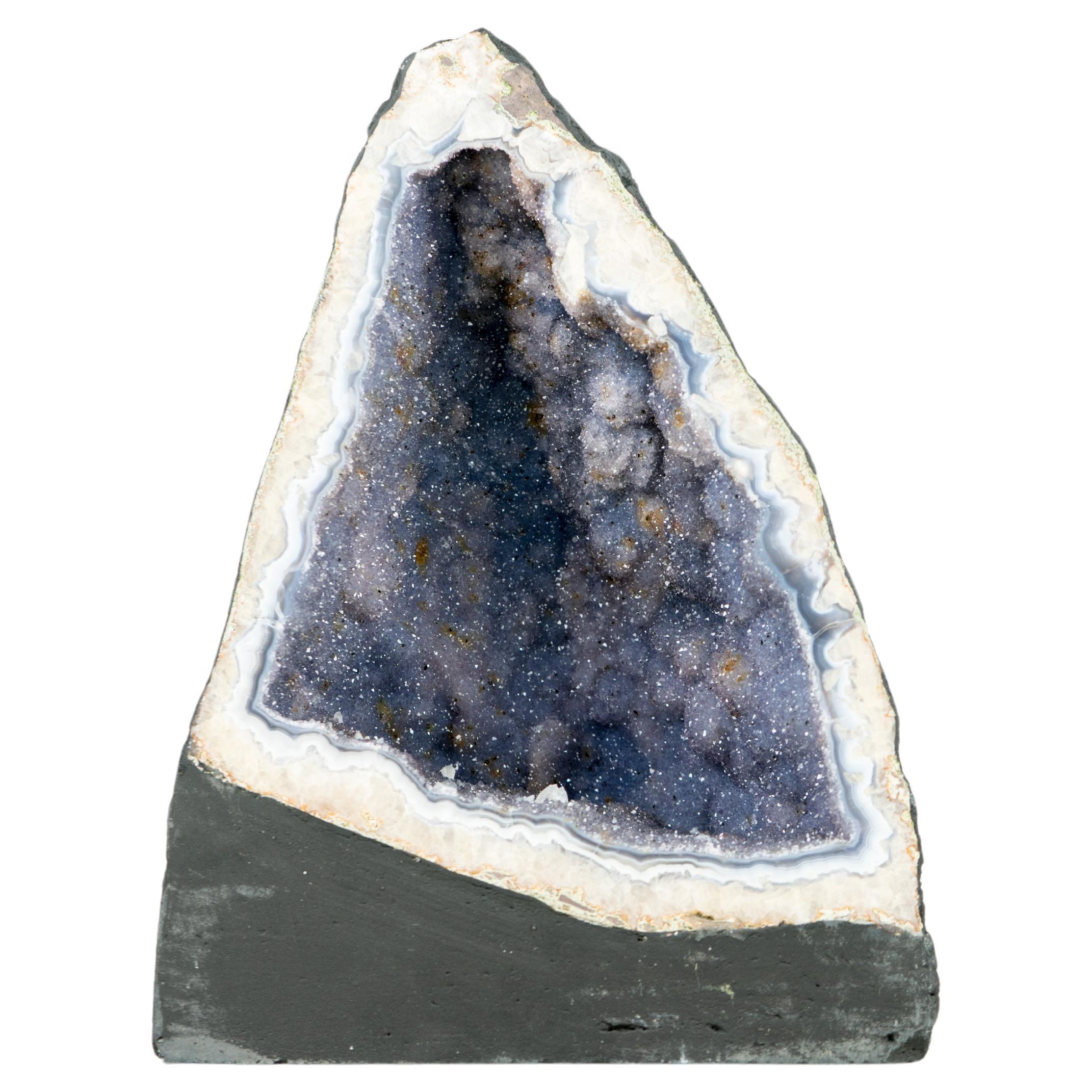 Einzigartige blaue Spitzenachat-Geode mit lavendelfarbenem Amethyst-Druzy, seltener Amethyst  im Angebot