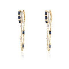 Orecchini a catena pendenti in oro giallo 14k con zaffiro blu e diamanti, unici nel loro genere
