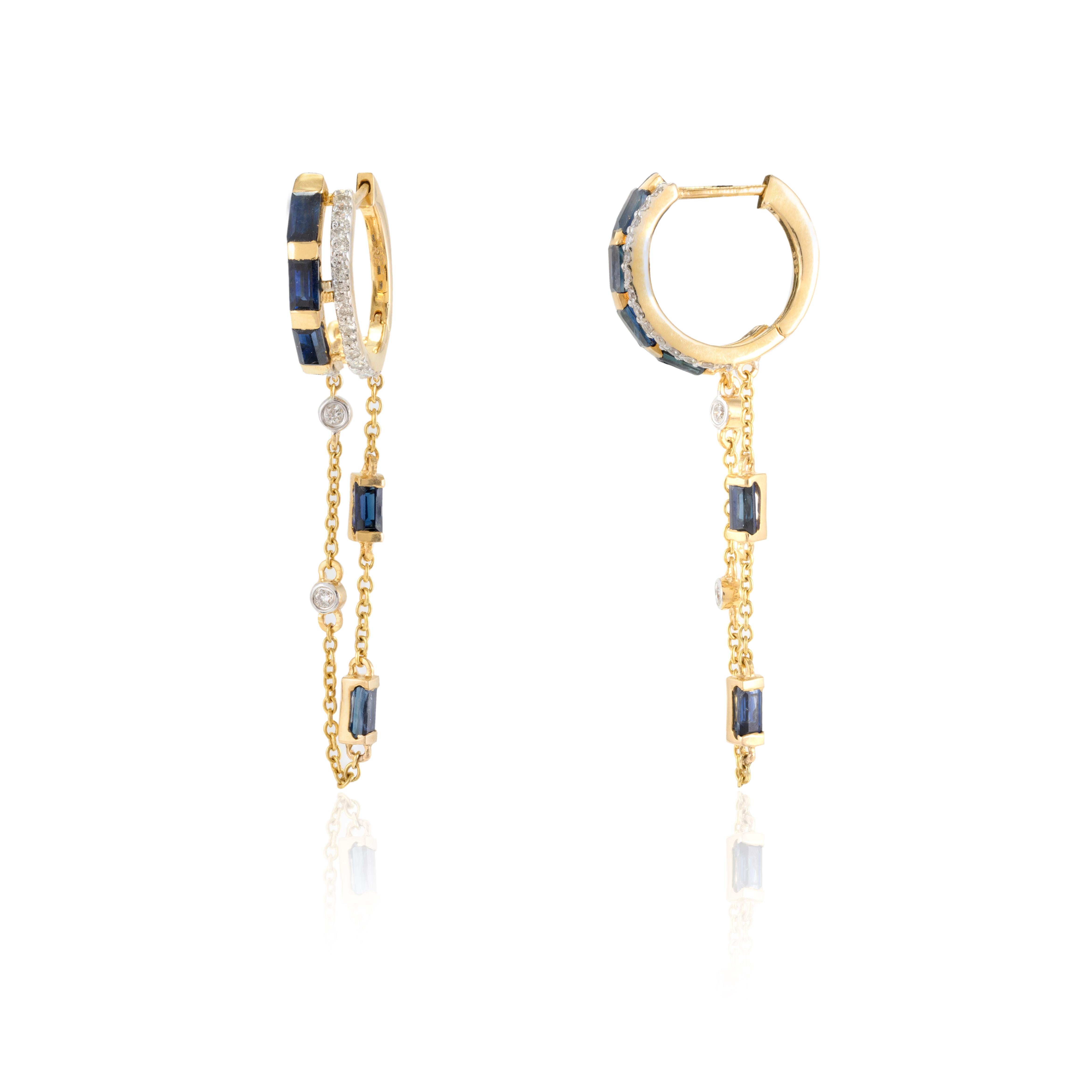 Modern Unique Blue Sapphire and Diamond Dangling Chain Earrings in 14k Yellow Gold For Sale