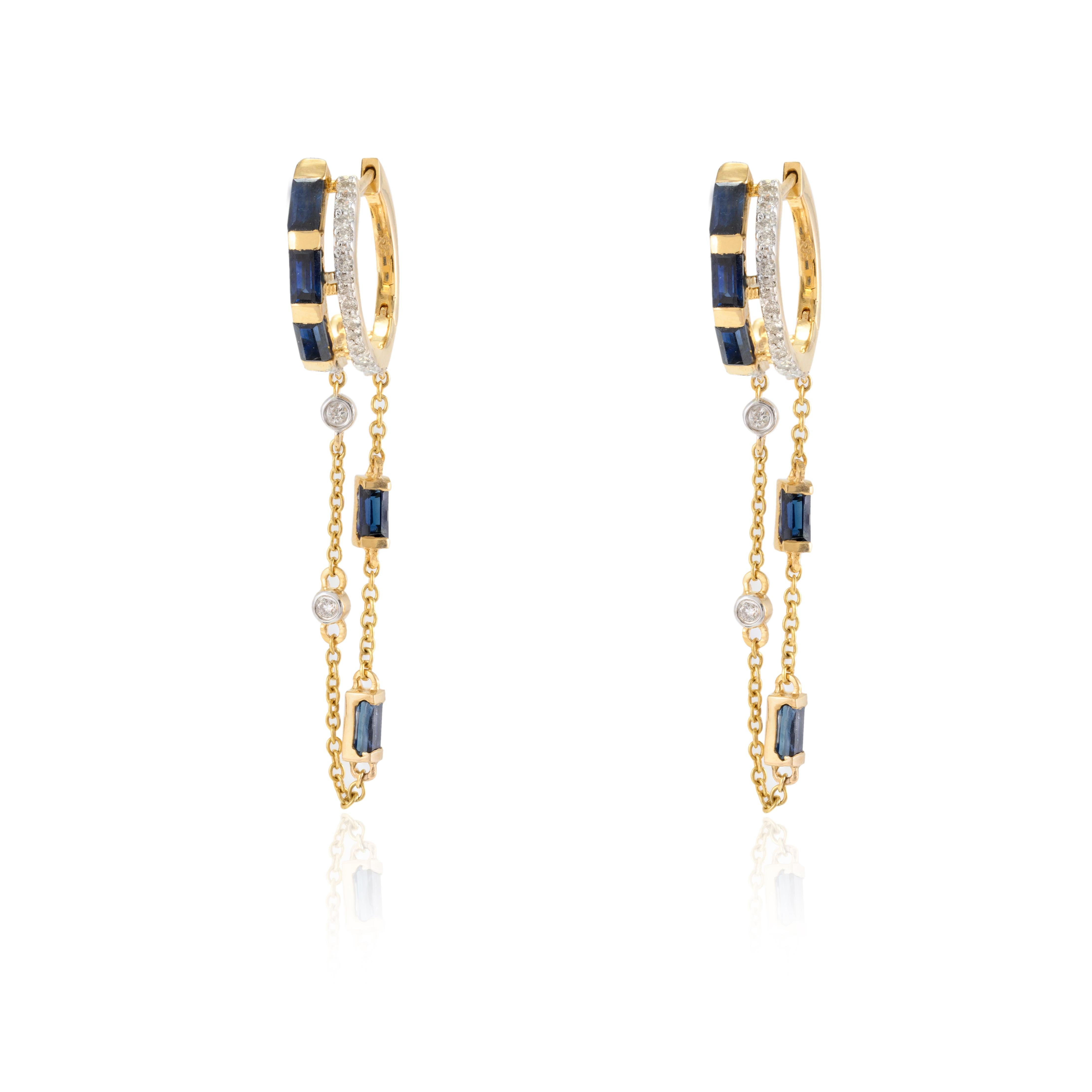 Baguette Cut Unique Blue Sapphire and Diamond Dangling Chain Earrings in 14k Yellow Gold For Sale