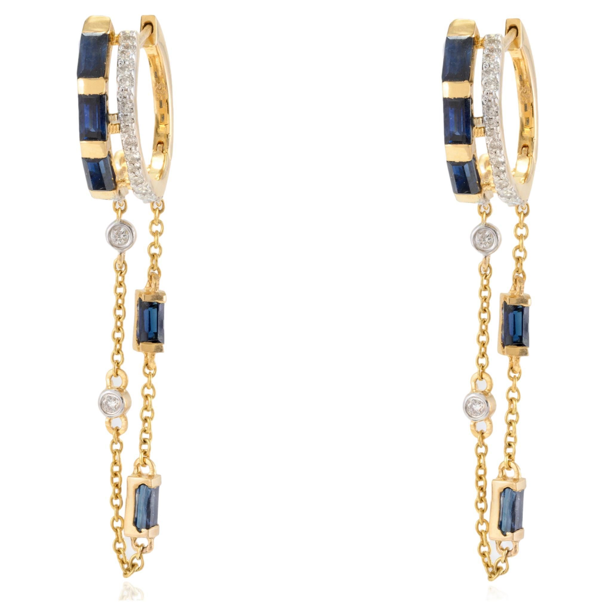 Unique Blue Sapphire and Diamond Dangling Chain Earrings in 14k Yellow Gold For Sale