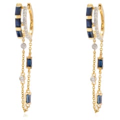 Boucles d'oreilles uniques en or jaune 14k avec saphirs bleus et diamants en chaîne pendante