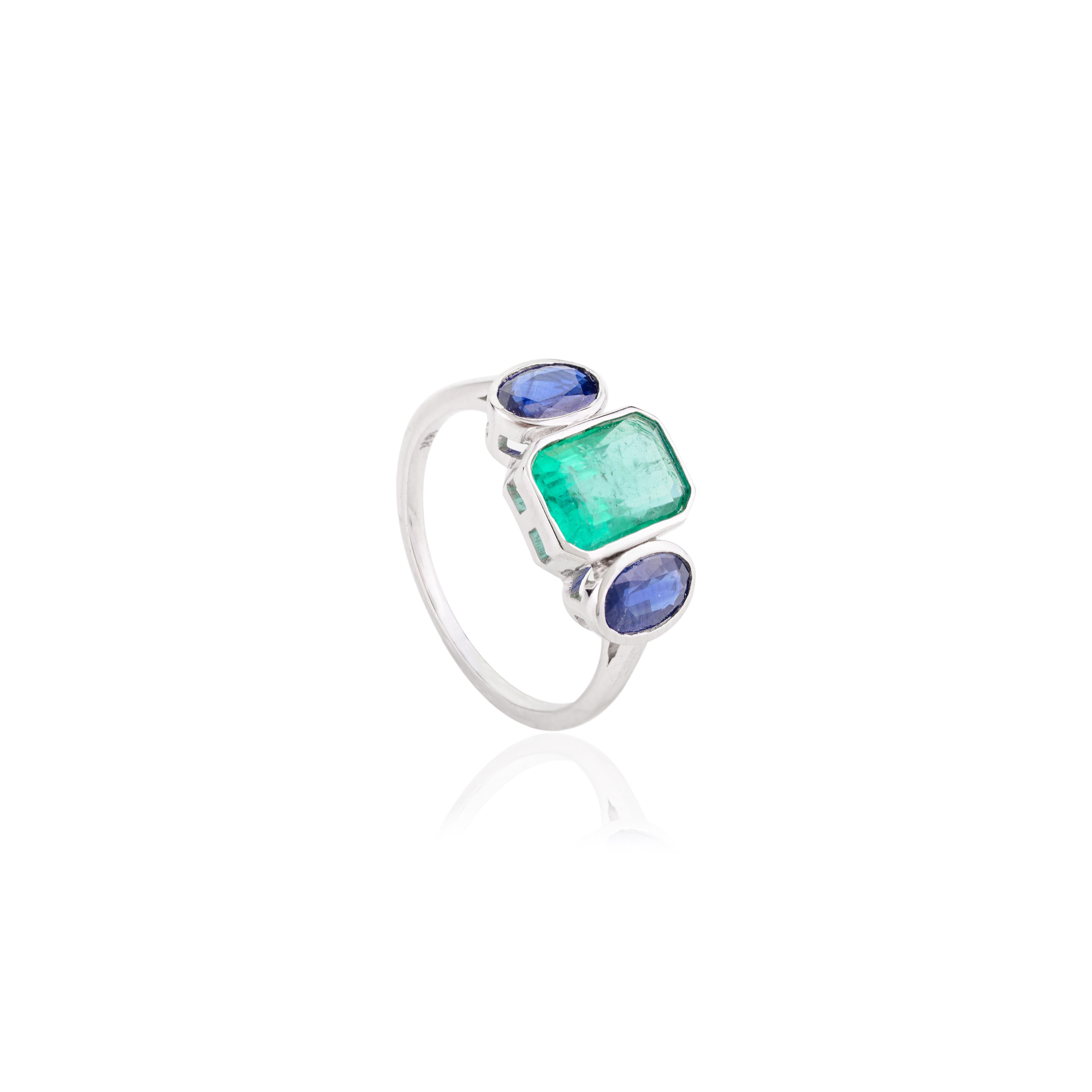 For Sale:  Unique Blue Sapphire and Emerald Wedding Ring for Her in 14k Solid White Gold 3
