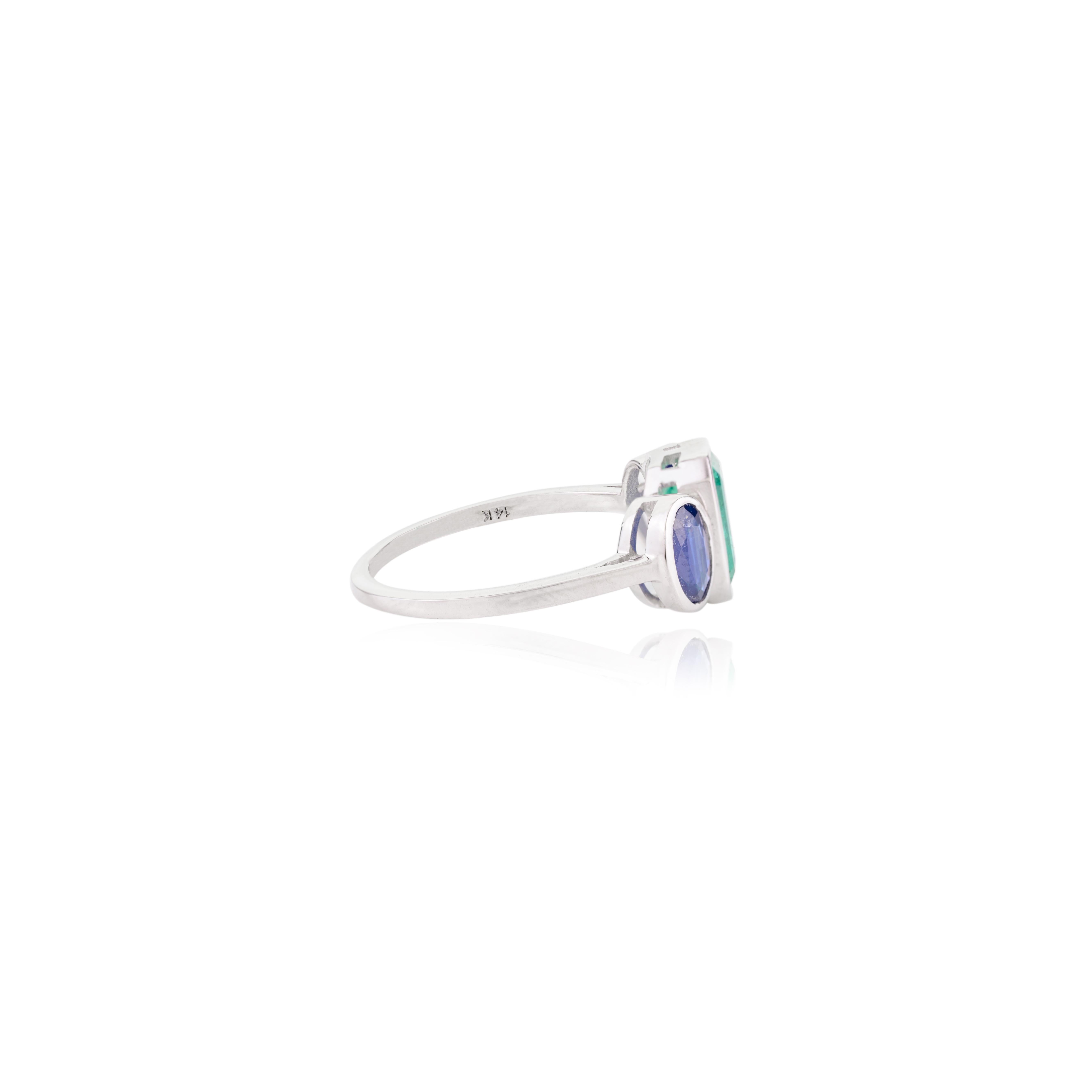For Sale:  Unique Blue Sapphire and Emerald Wedding Ring for Her in 14k Solid White Gold 6