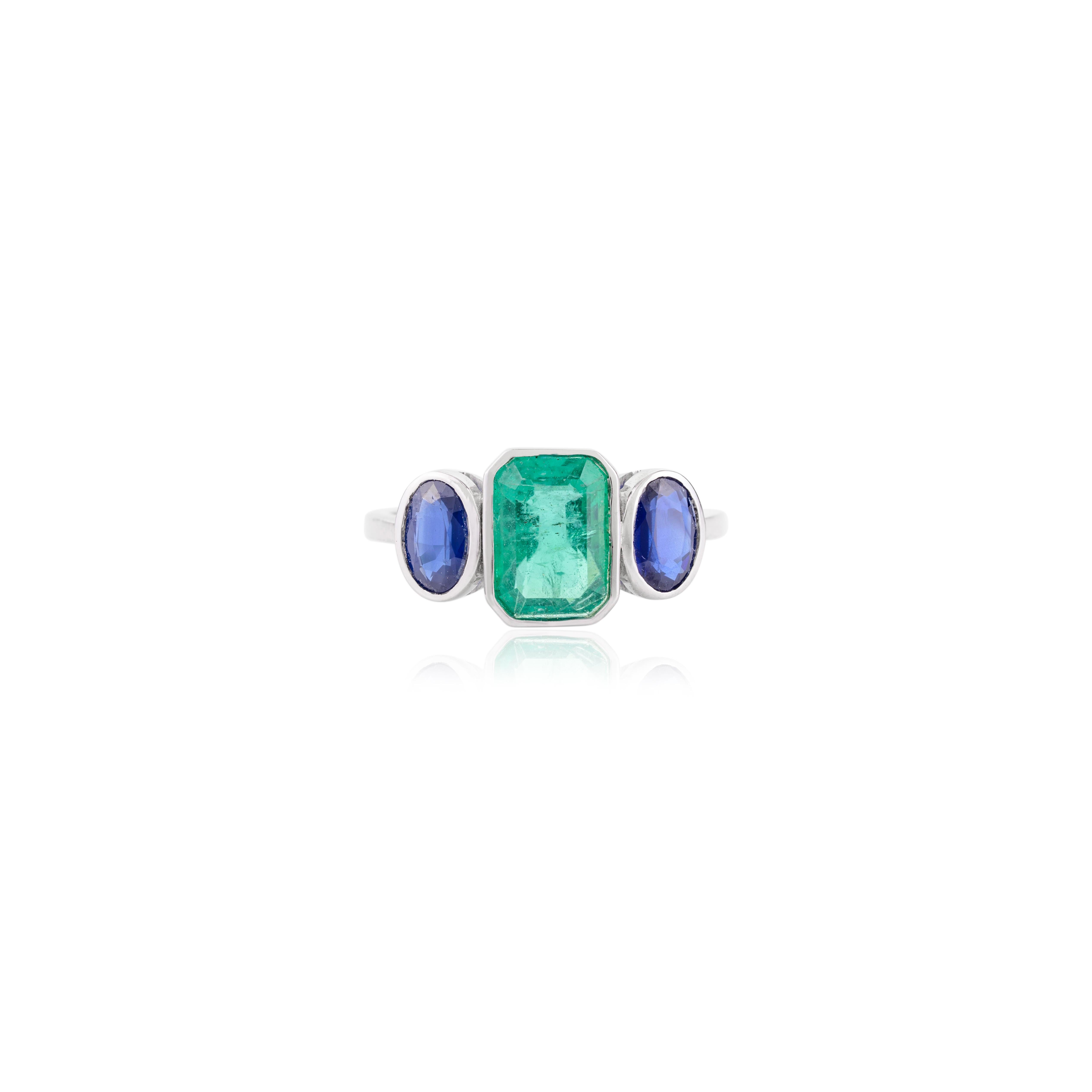 For Sale:  Unique Blue Sapphire and Emerald Wedding Ring for Her in 14k Solid White Gold 7