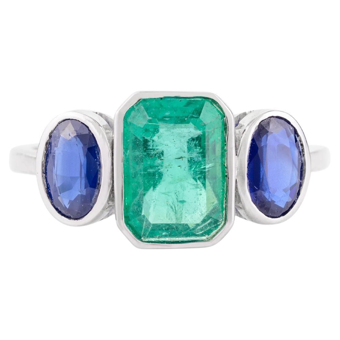 Unique Blue Sapphire and Emerald Wedding Ring for Her in 14k Solid White Gold