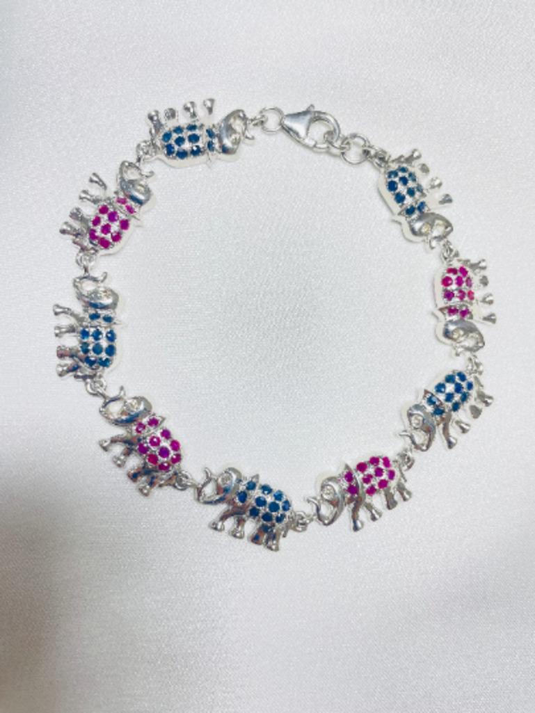 Unique Blue Sapphire and Ruby Studded Elephant Bracelet in 925 Sterling Silver For Sale 2