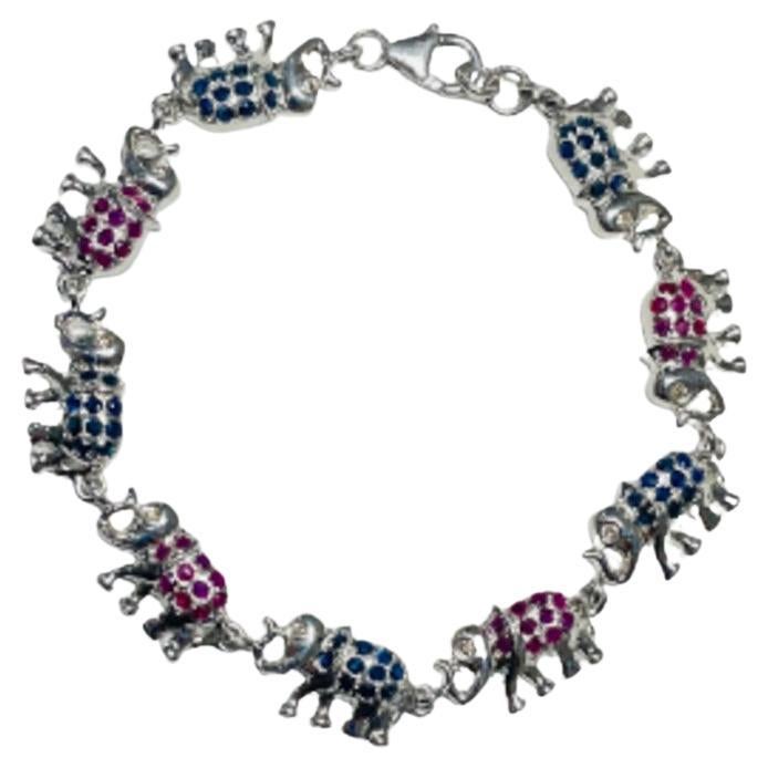 Unique Blue Sapphire and Ruby Studded Elephant Bracelet in 925 Sterling Silver For Sale