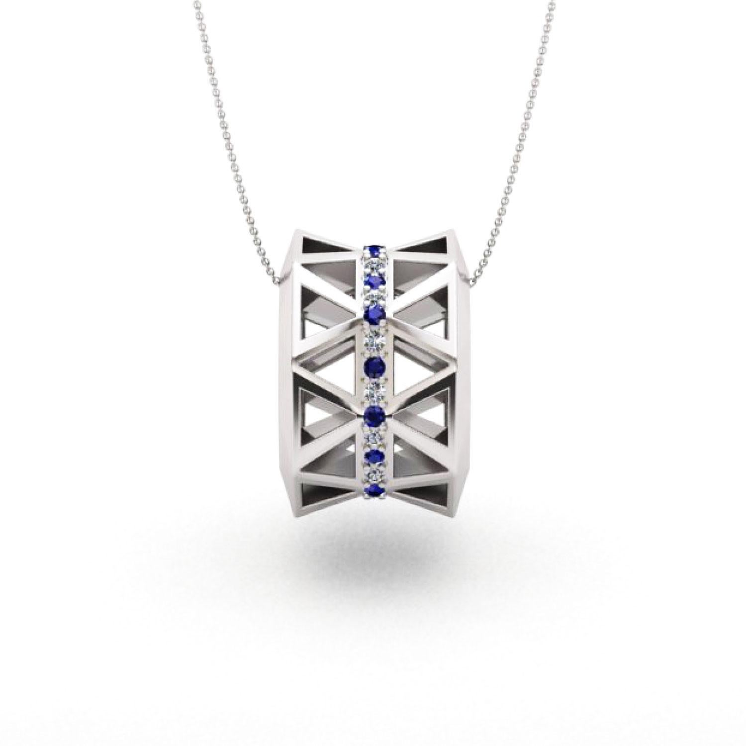 Round Cut Unique Blue Sapphire Diamond Elegant White 18K Gold Pendant for Her for Him For Sale