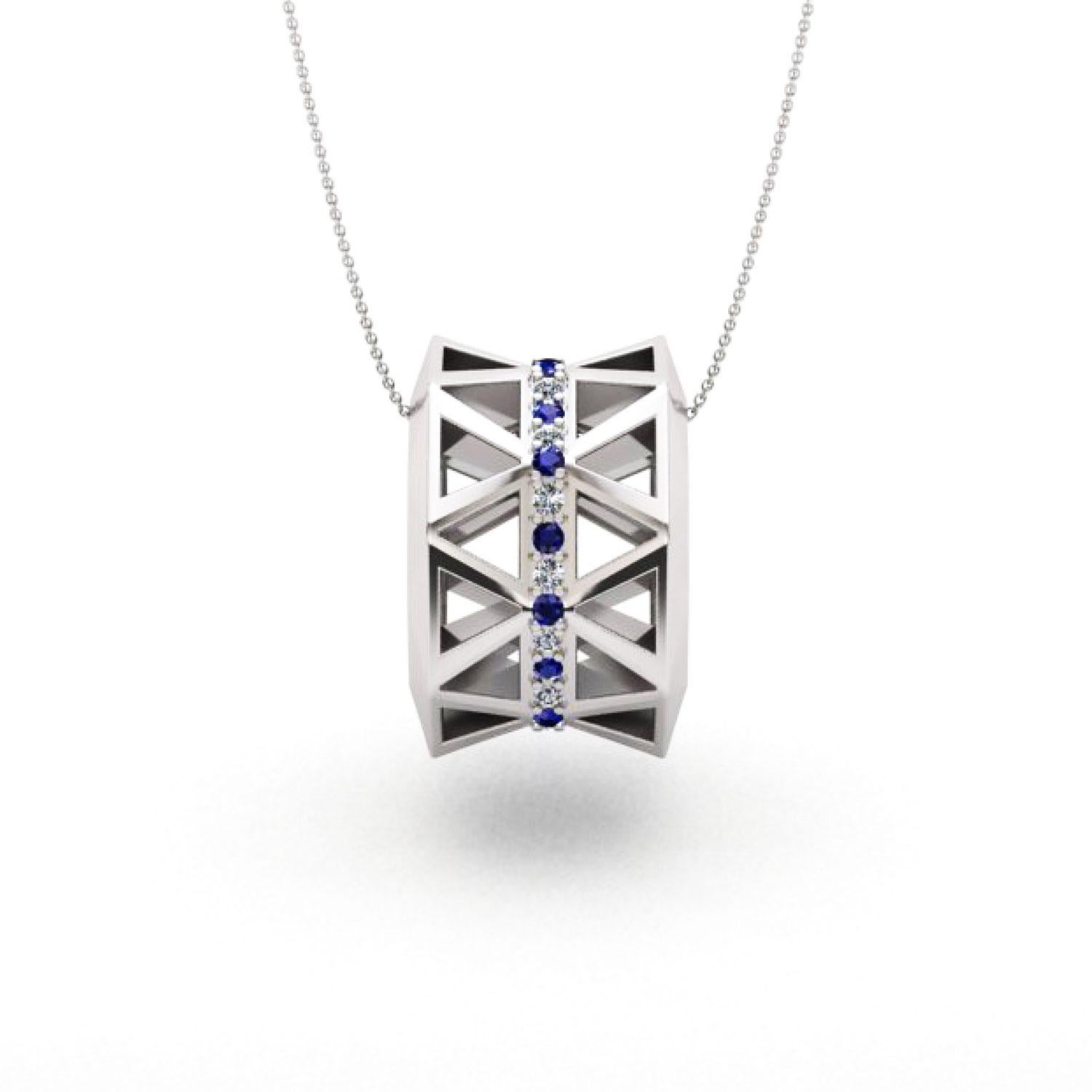 Taille ronde Pendentif unique en or blanc 18 carats avec saphir bleu et diamant, élégant pour elle et lui en vente