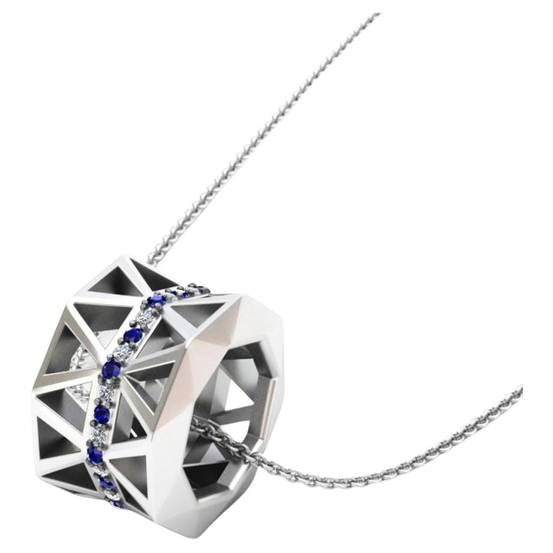 Unique Blue Sapphire Diamond Elegant White 18K Gold Pendant for Her for Him For Sale