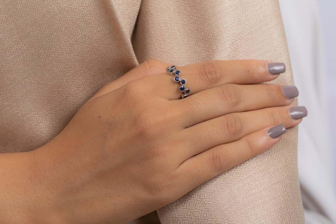 For Sale:  Unique Blue Sapphire Half Eternity Band Ring in 18k Solid White Gold 2