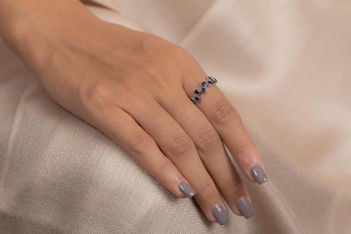 For Sale:  Unique Blue Sapphire Half Eternity Band Ring in 18k Solid White Gold 6