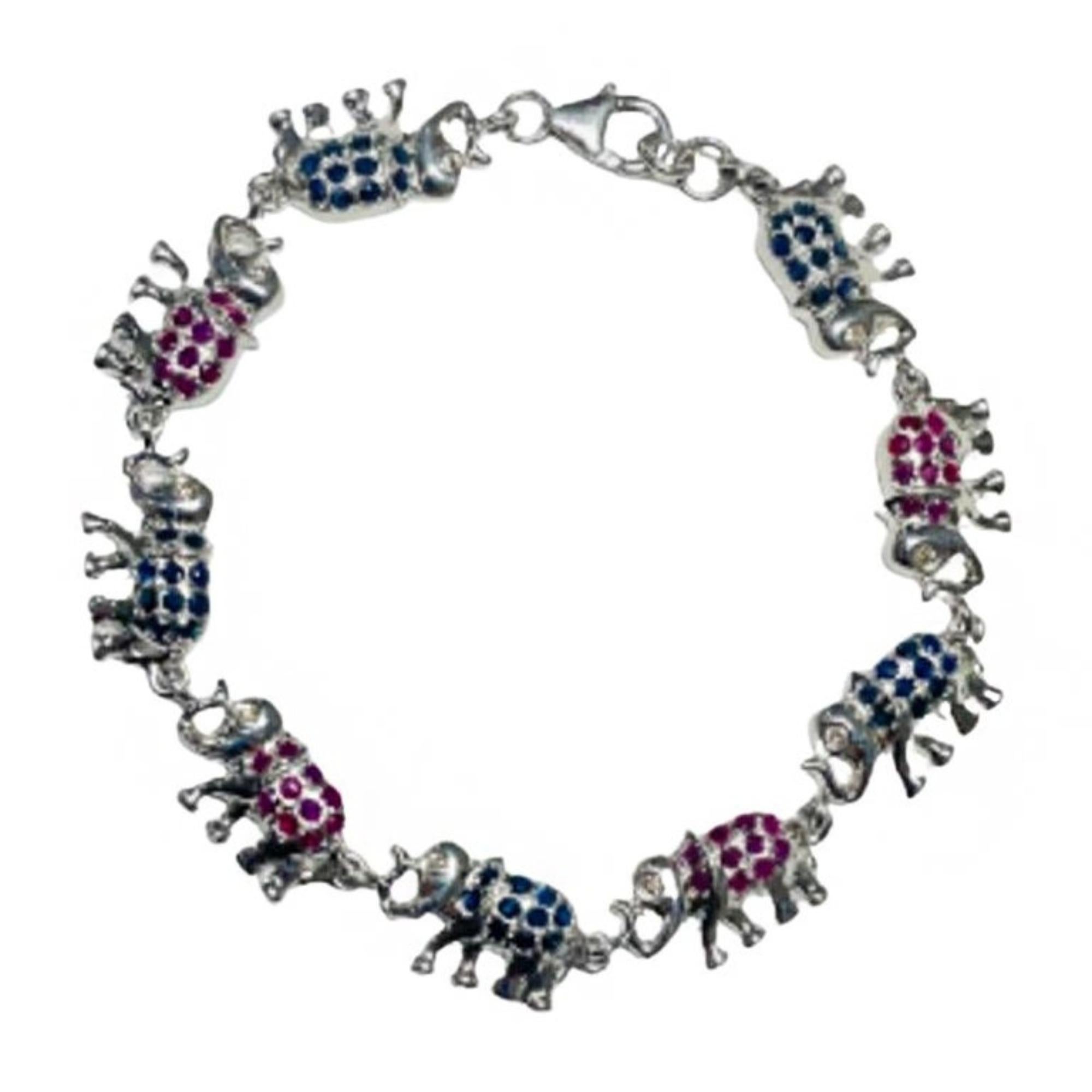 Bracelet éléphant clouté unique en argent sterling 925, saphir bleu et rubis en vente 5