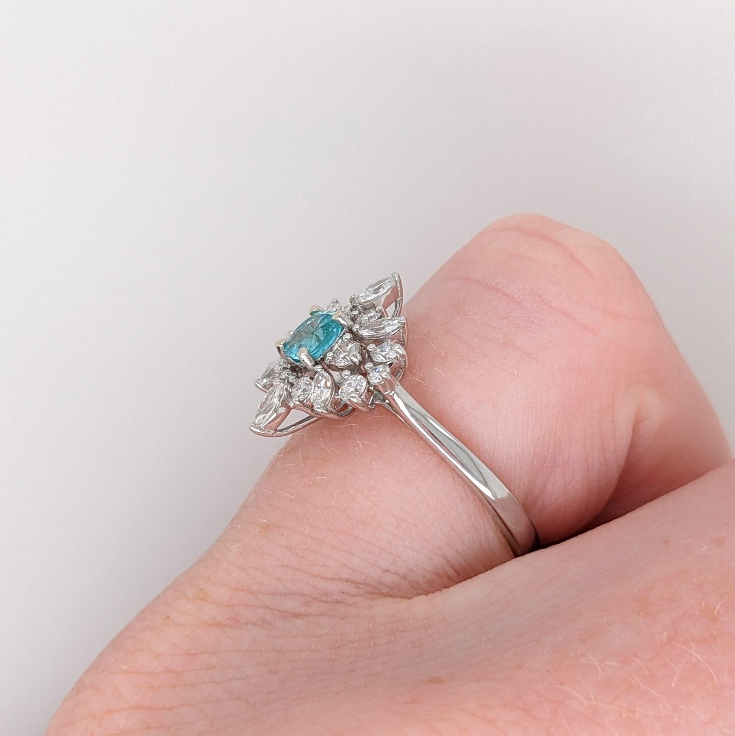 Art Nouveau Paraiba Tourmaline Ring w Natural Diamonds in Solid 14k White Gold Cushion 4.5mm For Sale
