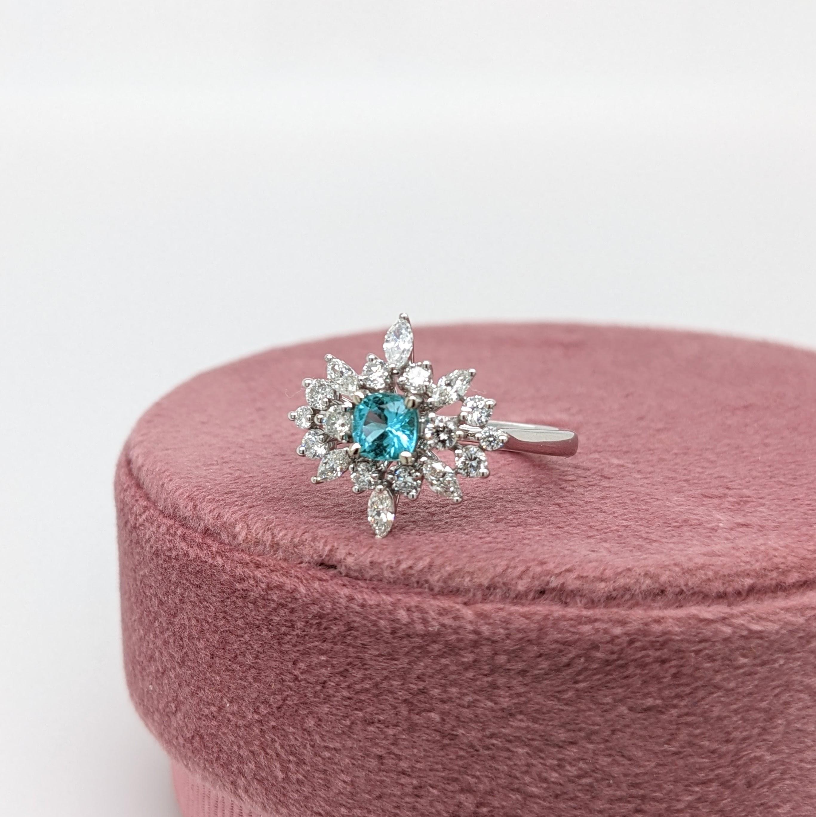 Paraiba Tourmaline Ring w Natural Diamonds in Solid 14k White Gold Cushion 4.5mm In New Condition For Sale In Columbus, OH