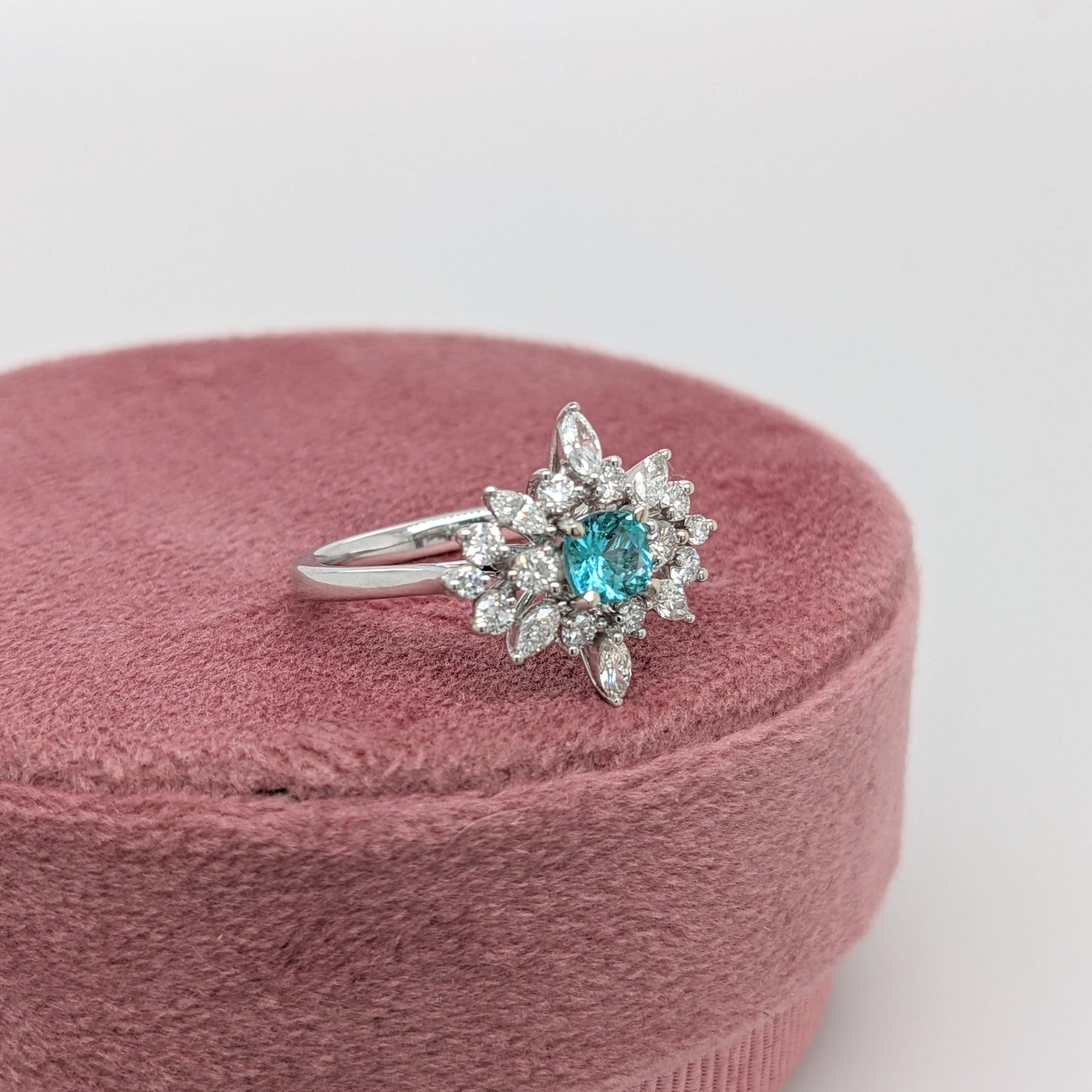 Paraiba Tourmaline Ring w Natural Diamonds in Solid 14k White Gold Cushion 4.5mm For Sale 2