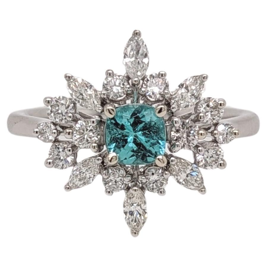 Paraiba Tourmaline Ring w Natural Diamonds in Solid 14k White Gold Cushion 4.5mm For Sale