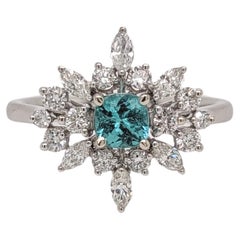 Bague tourmaline Paraiba avec diamants naturels en or blanc massif 14 carats coussin 4,5 mm