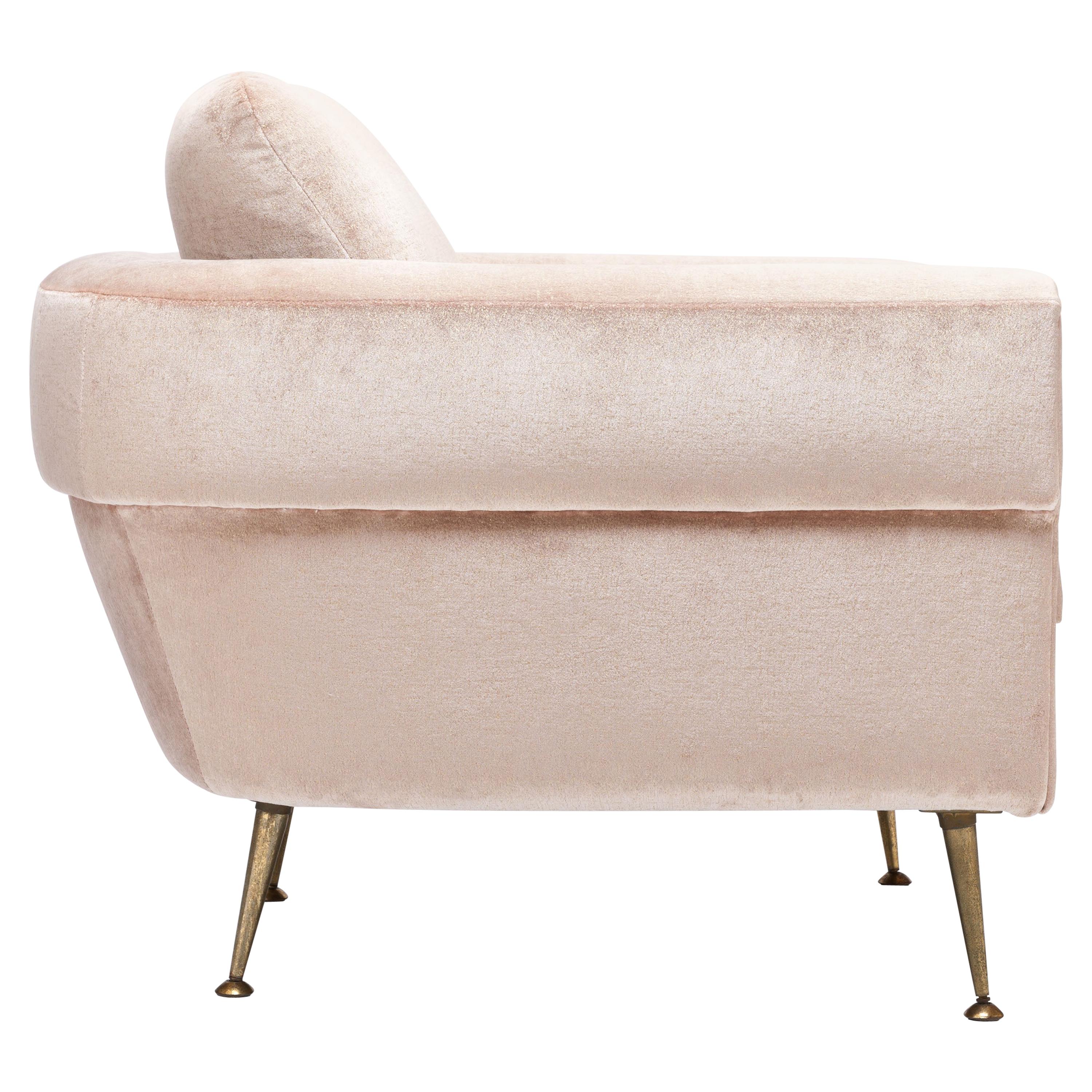 Unique Blush Pink Silk Lamé Velvet 1950s Italian Armchair with Brass Legs
