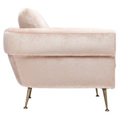 Unique Blush Pink Silk Lamé Velvet 1950s Italian Armchair with Brass Legs