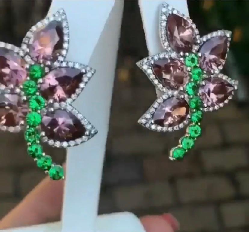 Women's Unique Blush Zircons Tsavorite Diamond Gold Earrings
