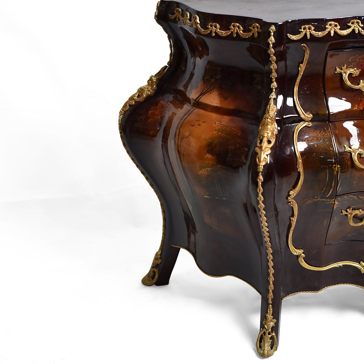 A unique bombe French classicism commode, 20th century. 

The style of Louis XIV also known as French classicism passed through three phases. Firstly, it was influenced by an earlier Louis XIII style in addition to baroque style as well, then it